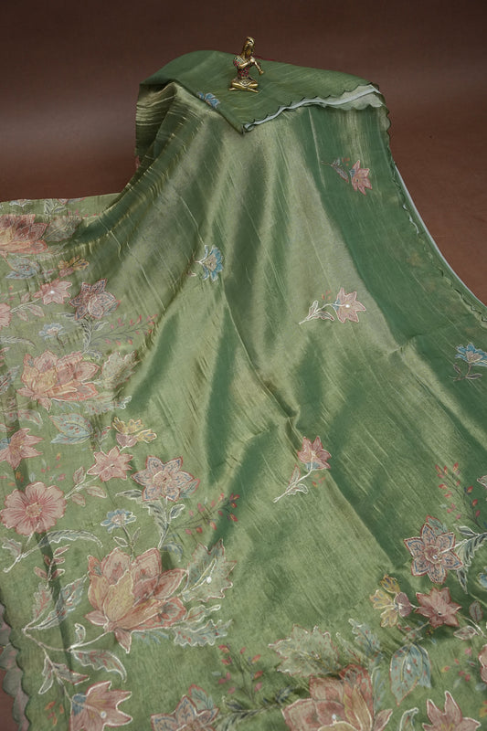 Sage Green Glass Tissue Organza Designer Party Wear Saree