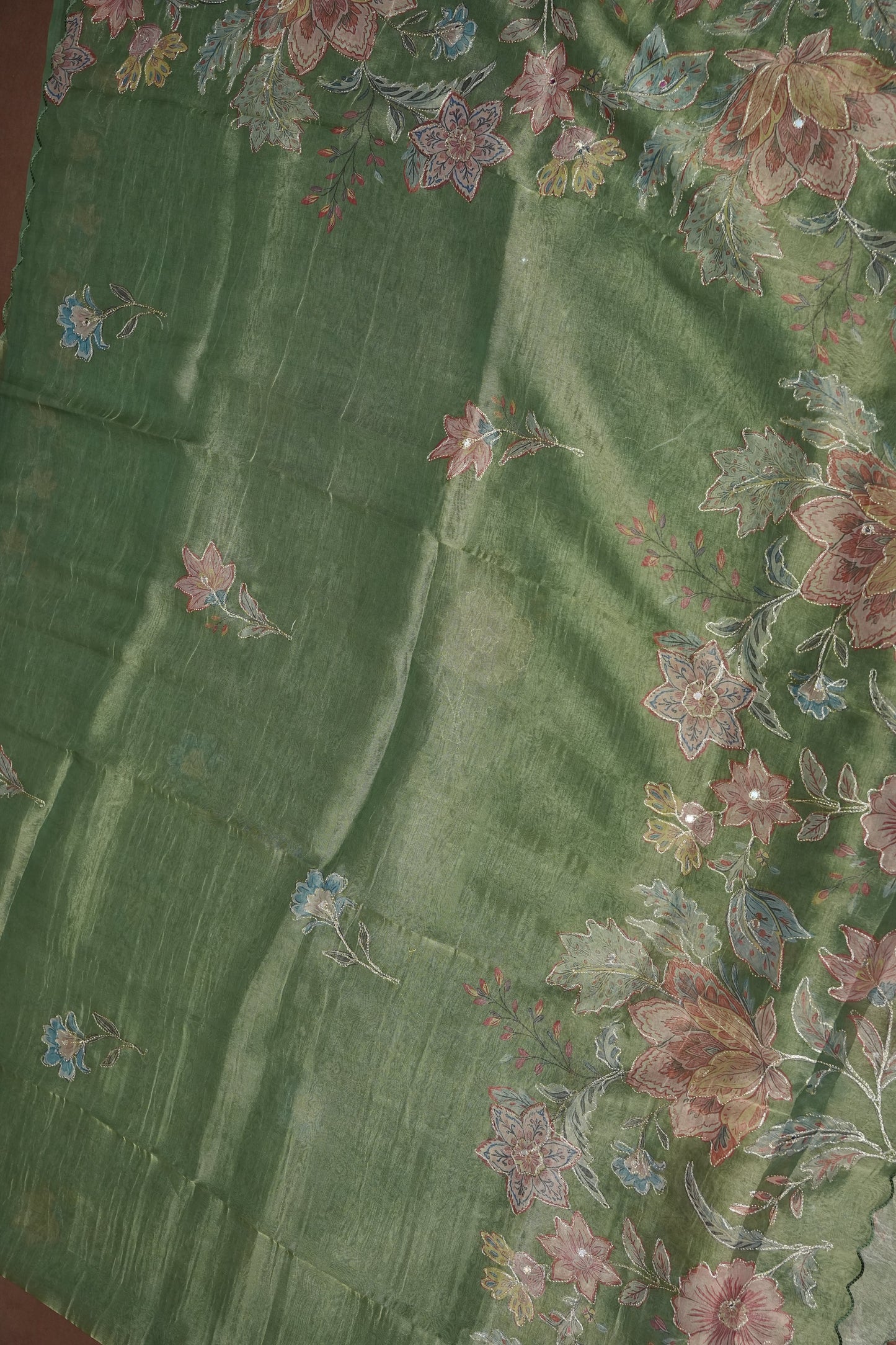 Sage Green Glass Tissue Organza Designer Party Wear Saree