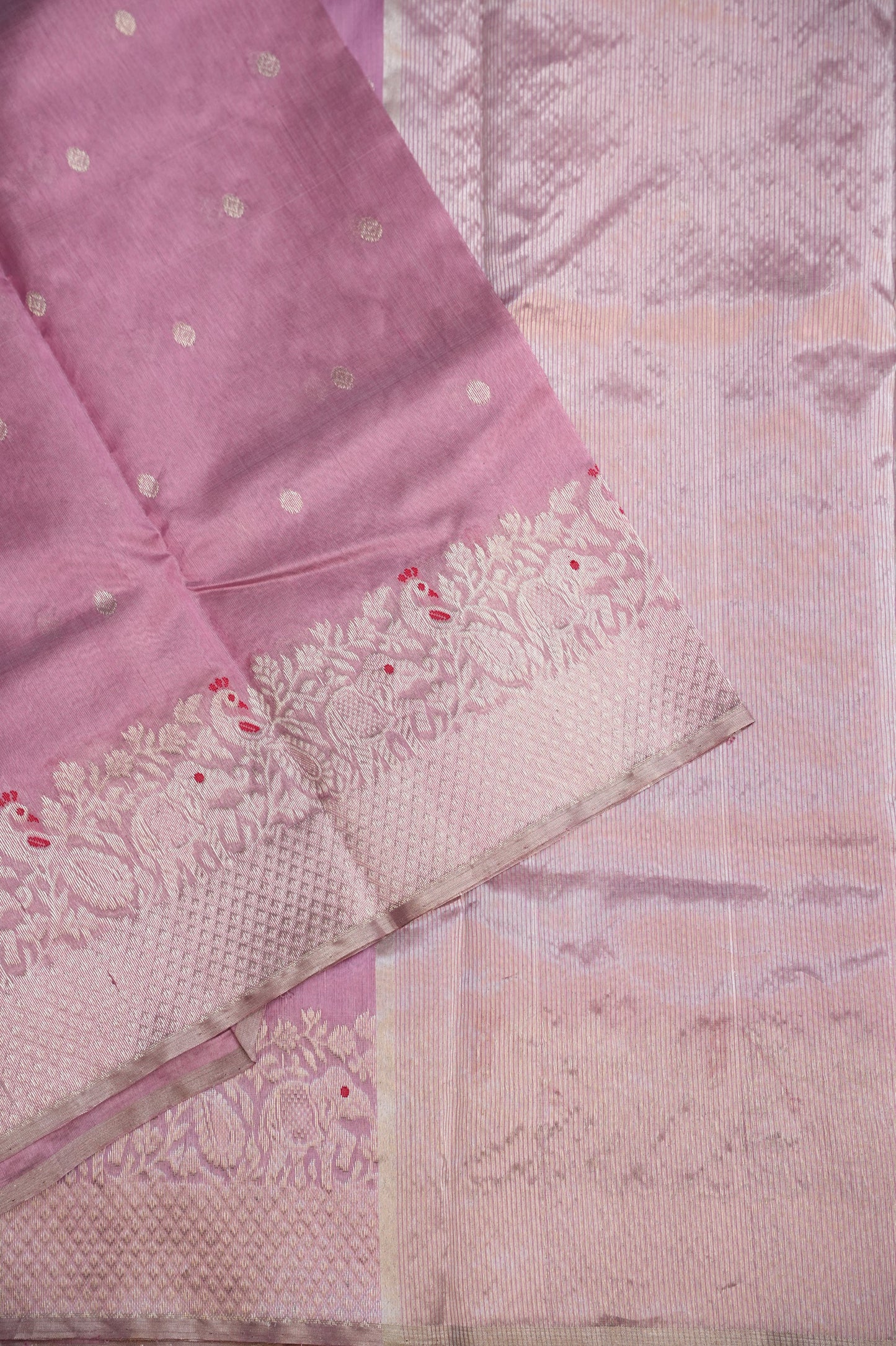 Pure Chanderi Silk Saree with Zari Buttas & Tissue Border - Soft Pink