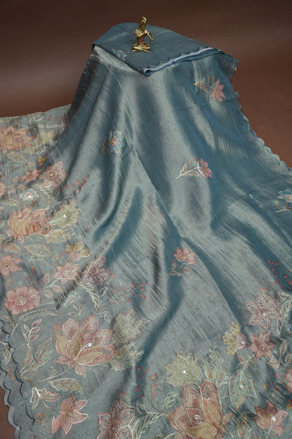 Glass Tissue Organza Designer Party Wear Saree with Digital Floral Prints -Dusty Blue Grey