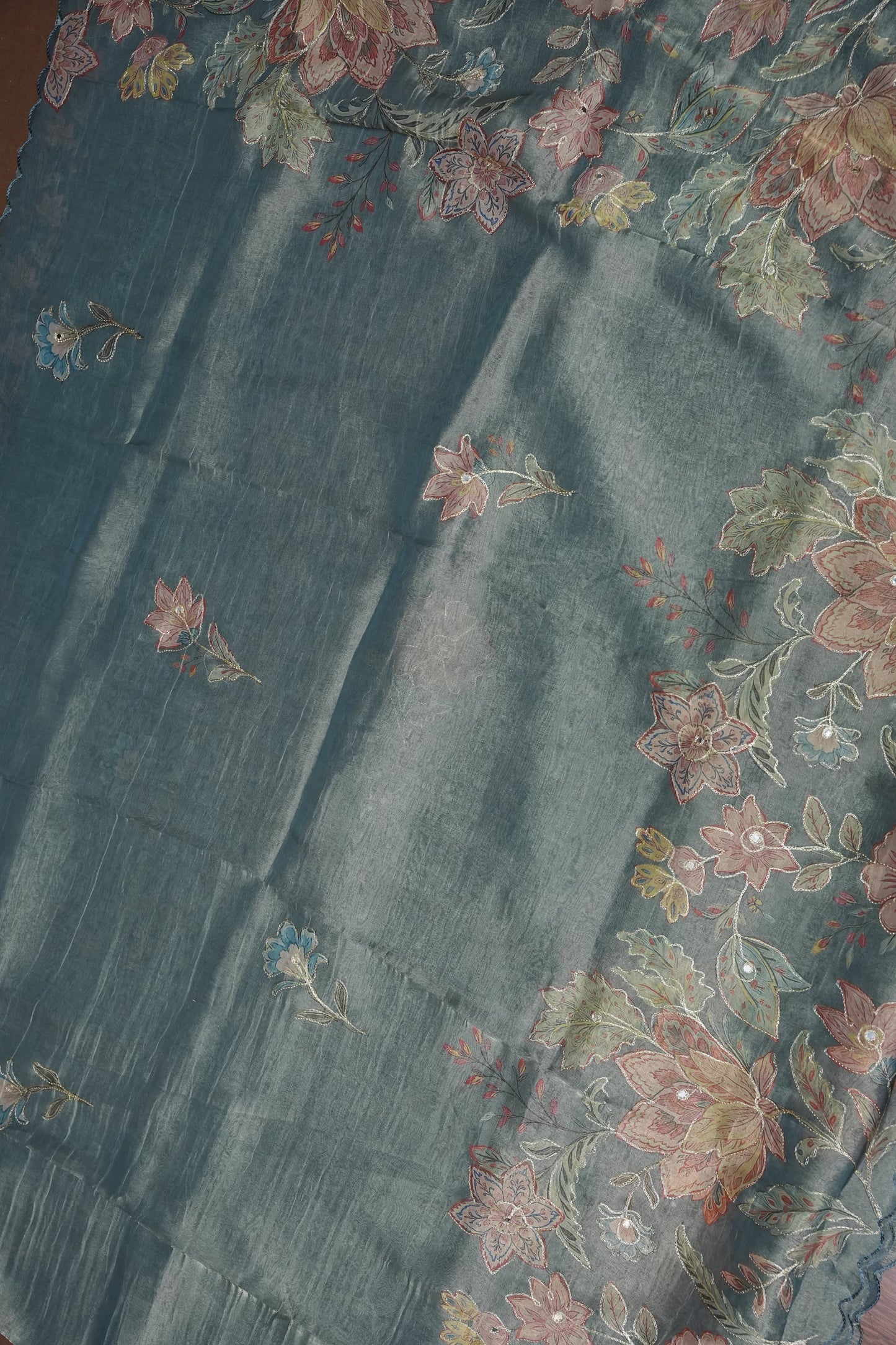 Glass Tissue Organza Designer Party Wear Saree with Digital Floral Prints -Dusty Blue Grey