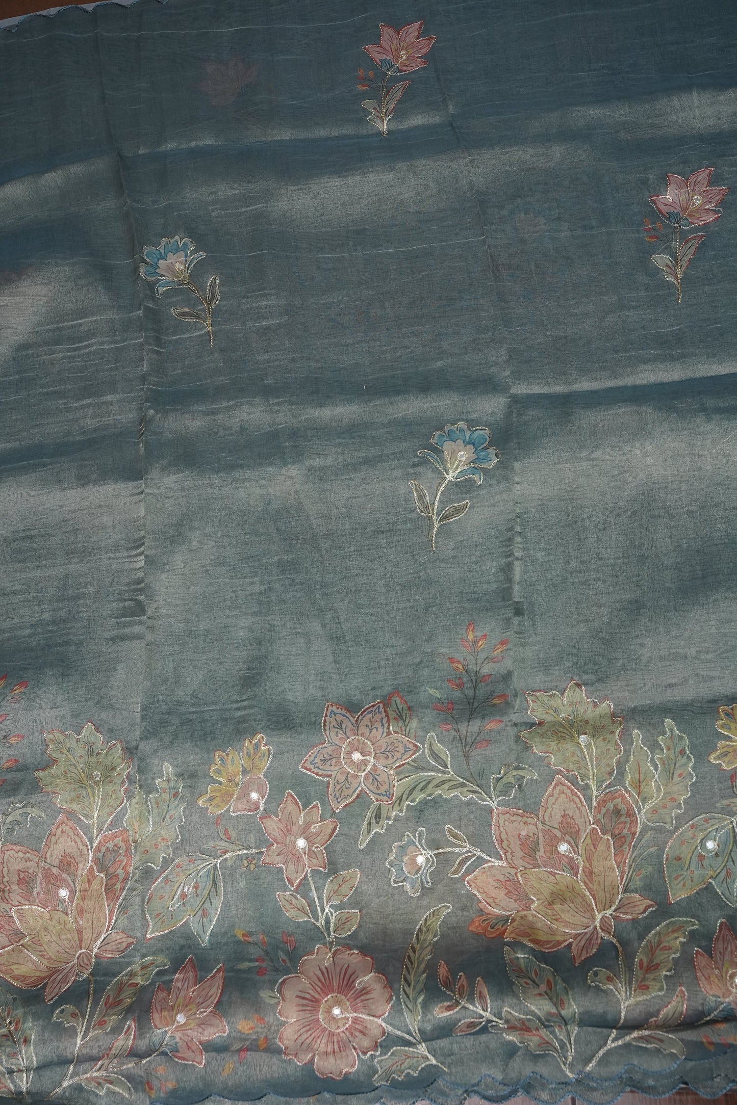 Glass Tissue Organza Designer Party Wear Saree with Digital Floral Prints -Dusty Blue Grey
