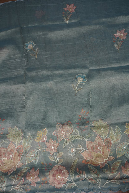 Glass Tissue Organza Designer Party Wear Saree with Digital Floral Prints -Dusty Blue Grey