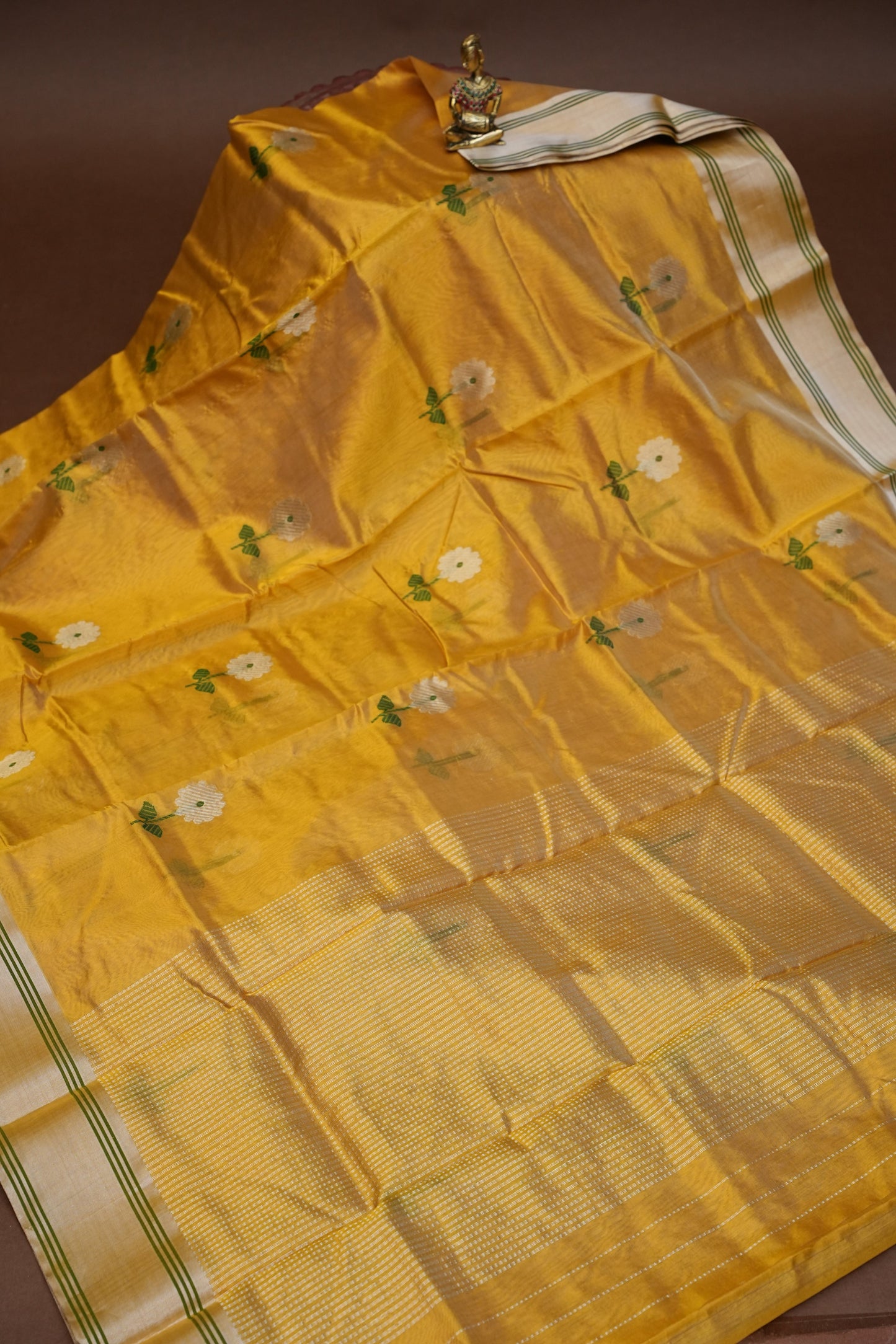 Pure Chanderi Silk Saree with Zari Buttas & Tissue Border - Mustard Yellow