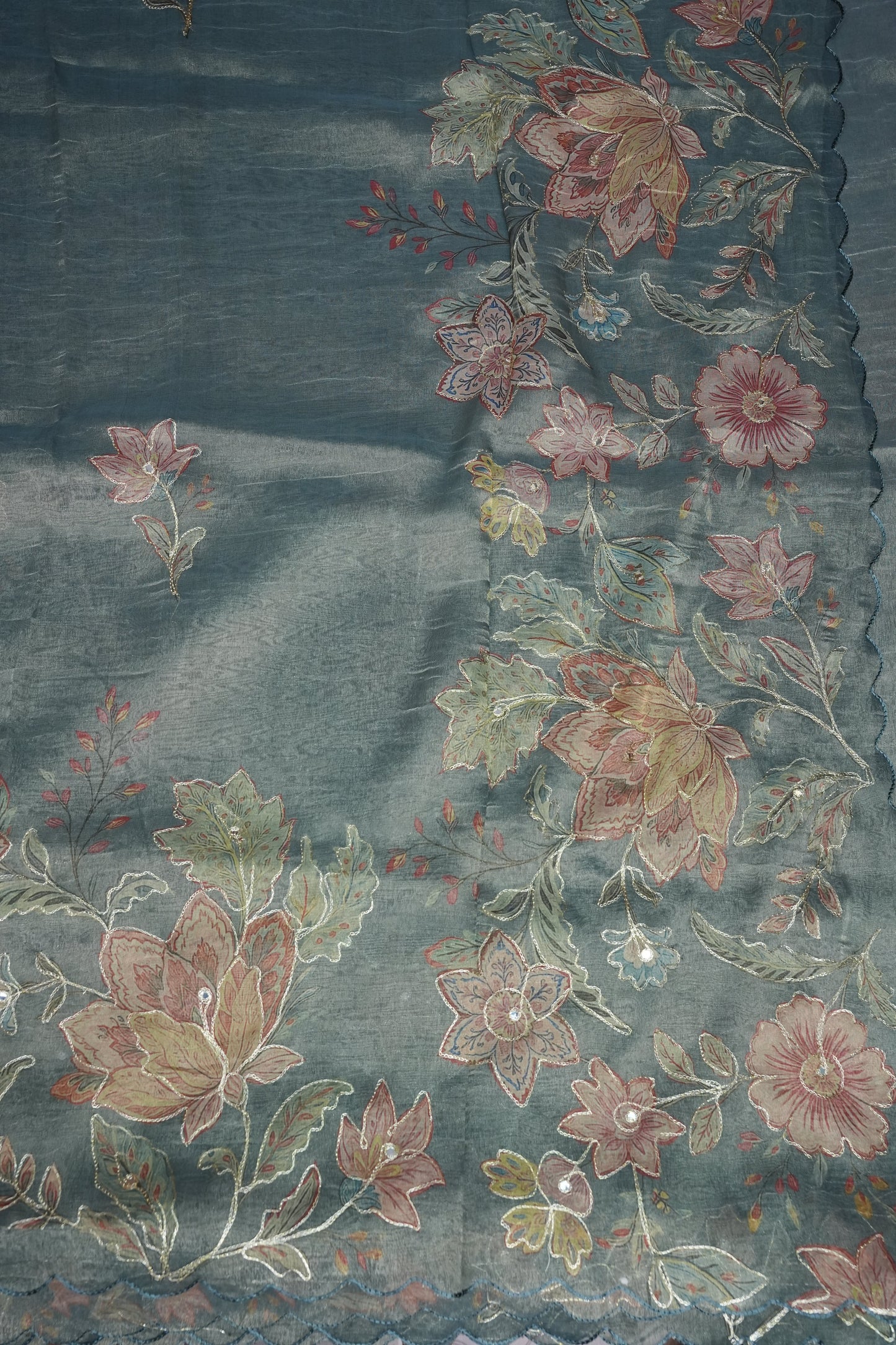 Glass Tissue Organza Designer Party Wear Saree with Digital Floral Prints -Dusty Blue Grey