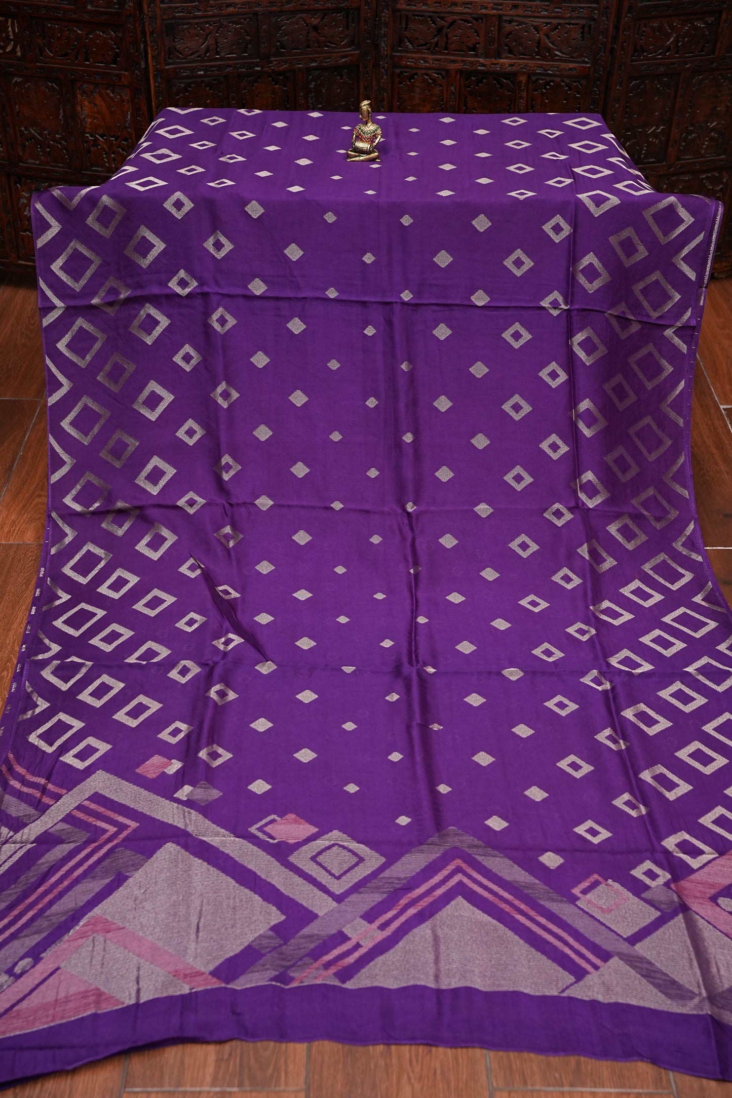 Tussar Banarasi Raw Silk Saree with Geometric Silver Weaving – Royal Purple