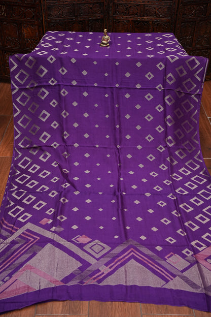 Tussar Banarasi Raw Silk Saree with Geometric Silver Weaving – Royal Purple