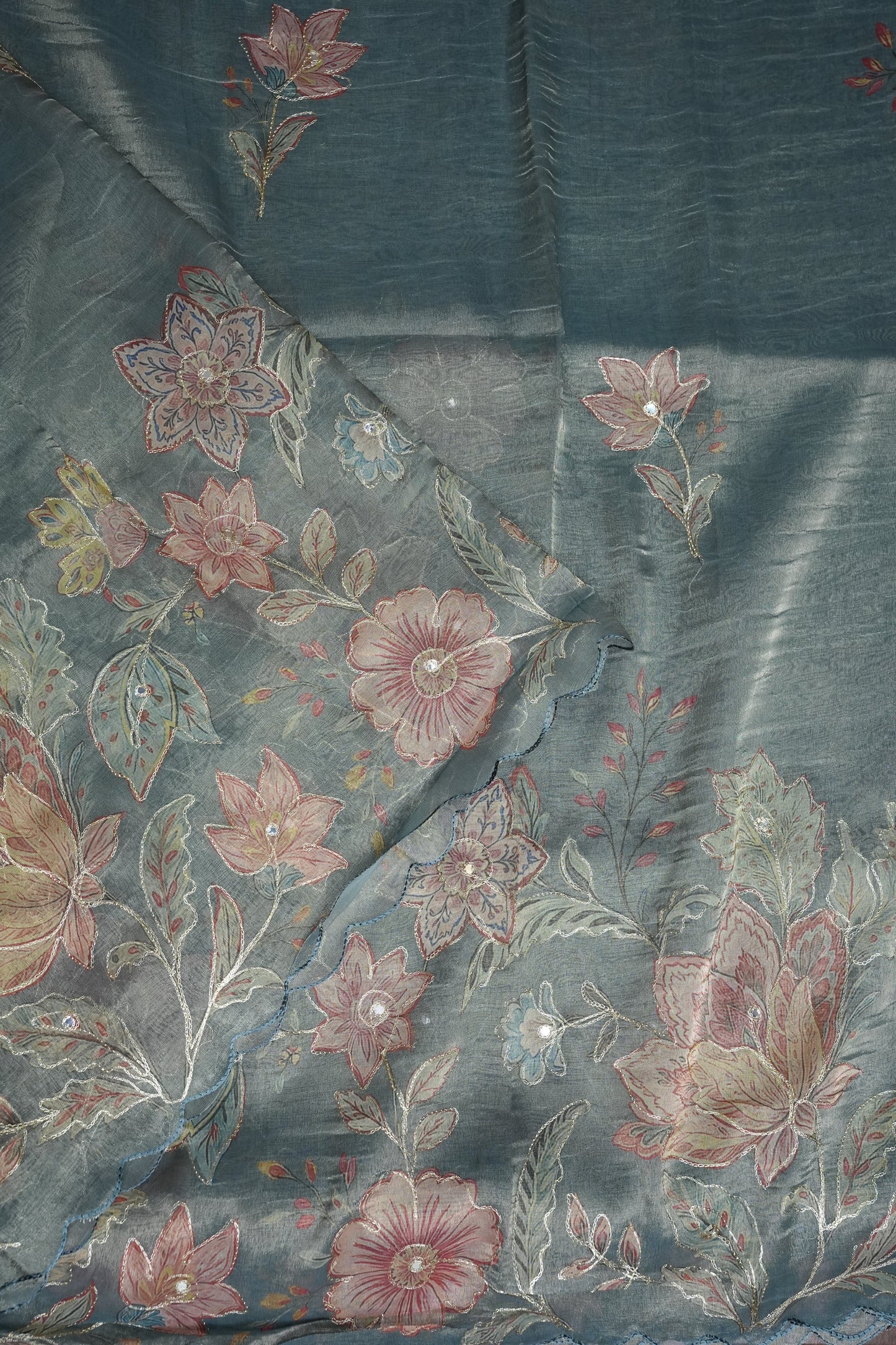 Glass Tissue Organza Designer Party Wear Saree with Digital Floral Prints -Dusty Blue Grey
