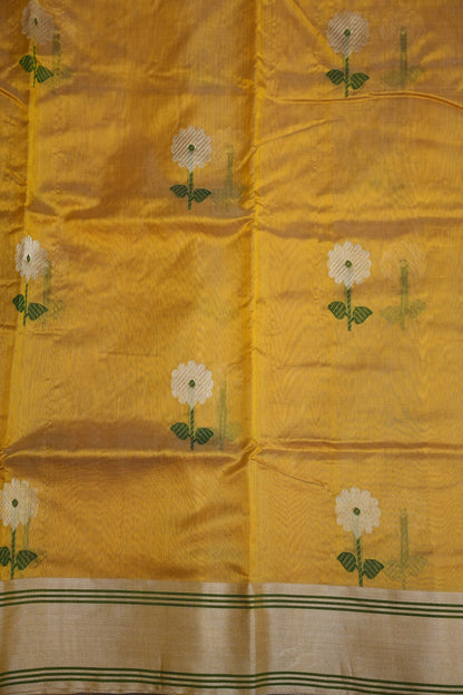 Pure Chanderi Silk Saree with Zari Buttas & Tissue Border - Mustard Yellow