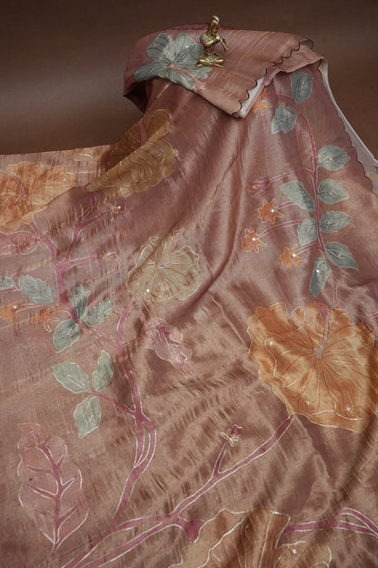 Dusty Rose Glass Tissue Organza Designer Party Wear Saree