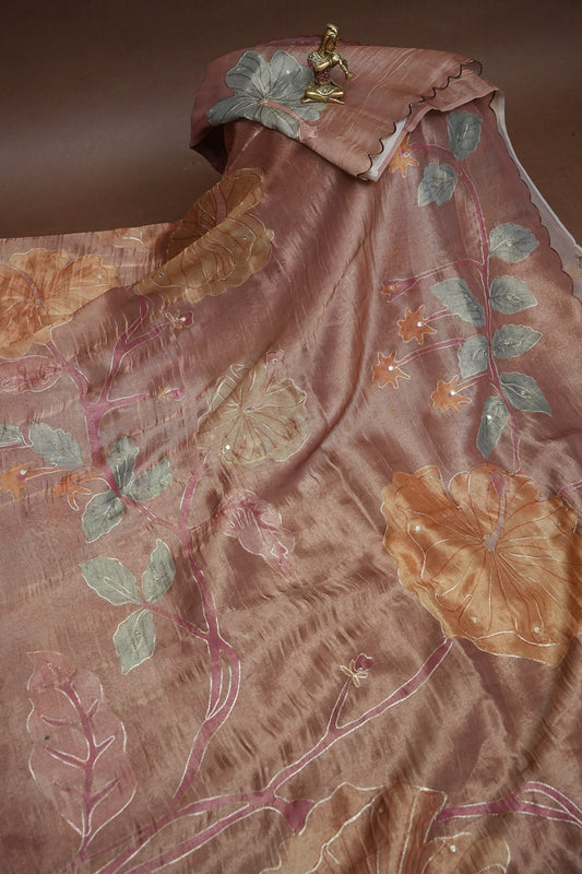 Dusty Rose Glass Tissue Organza Designer Party Wear Saree