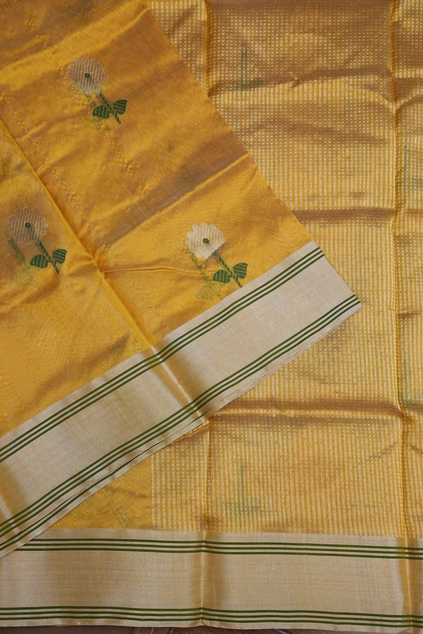 Pure Chanderi Silk Saree with Zari Buttas & Tissue Border - Mustard Yellow