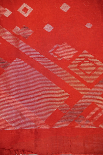 Tussar Banarasi Raw Silk Saree with Geometric Silver Weaving – Rust Orange