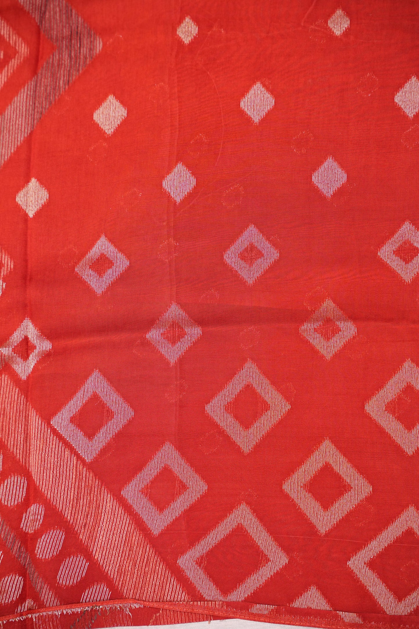 Tussar Banarasi Raw Silk Saree with Geometric Silver Weaving – Rust Orange