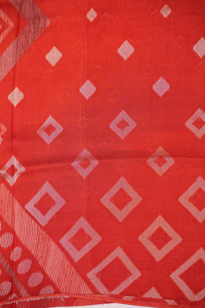 Tussar Banarasi Raw Silk Saree with Geometric Silver Weaving – Rust Orange
