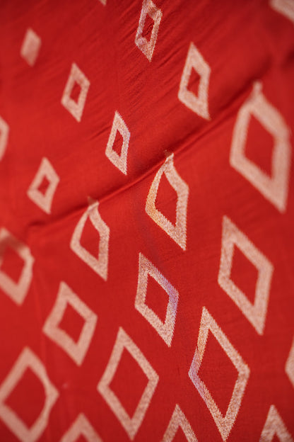 Tussar Banarasi Raw Silk Saree with Geometric Silver Weaving – Rust Orange