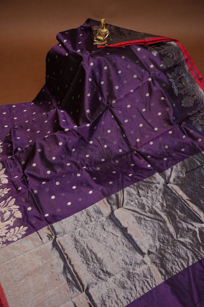 Pure Chanderi Silk Saree with Zari Buttas & Tissue Border - Royal Purple