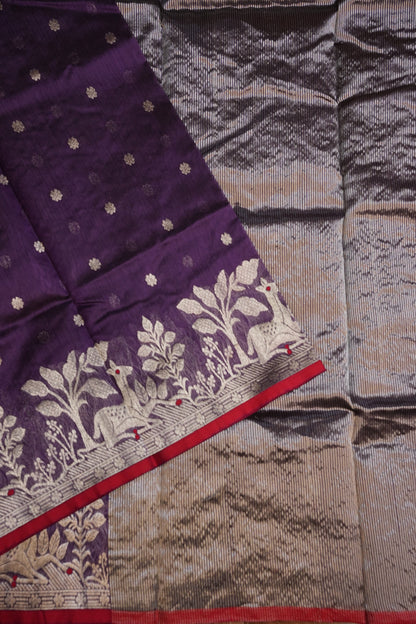 Pure Chanderi Silk Saree with Zari Buttas & Tissue Border - Royal Purple