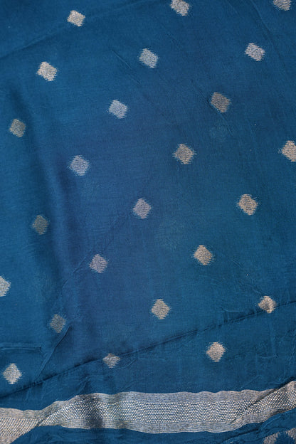 Tussar Banarasi Raw Silk Saree with Geometric Silver Weaving – Teal Blue