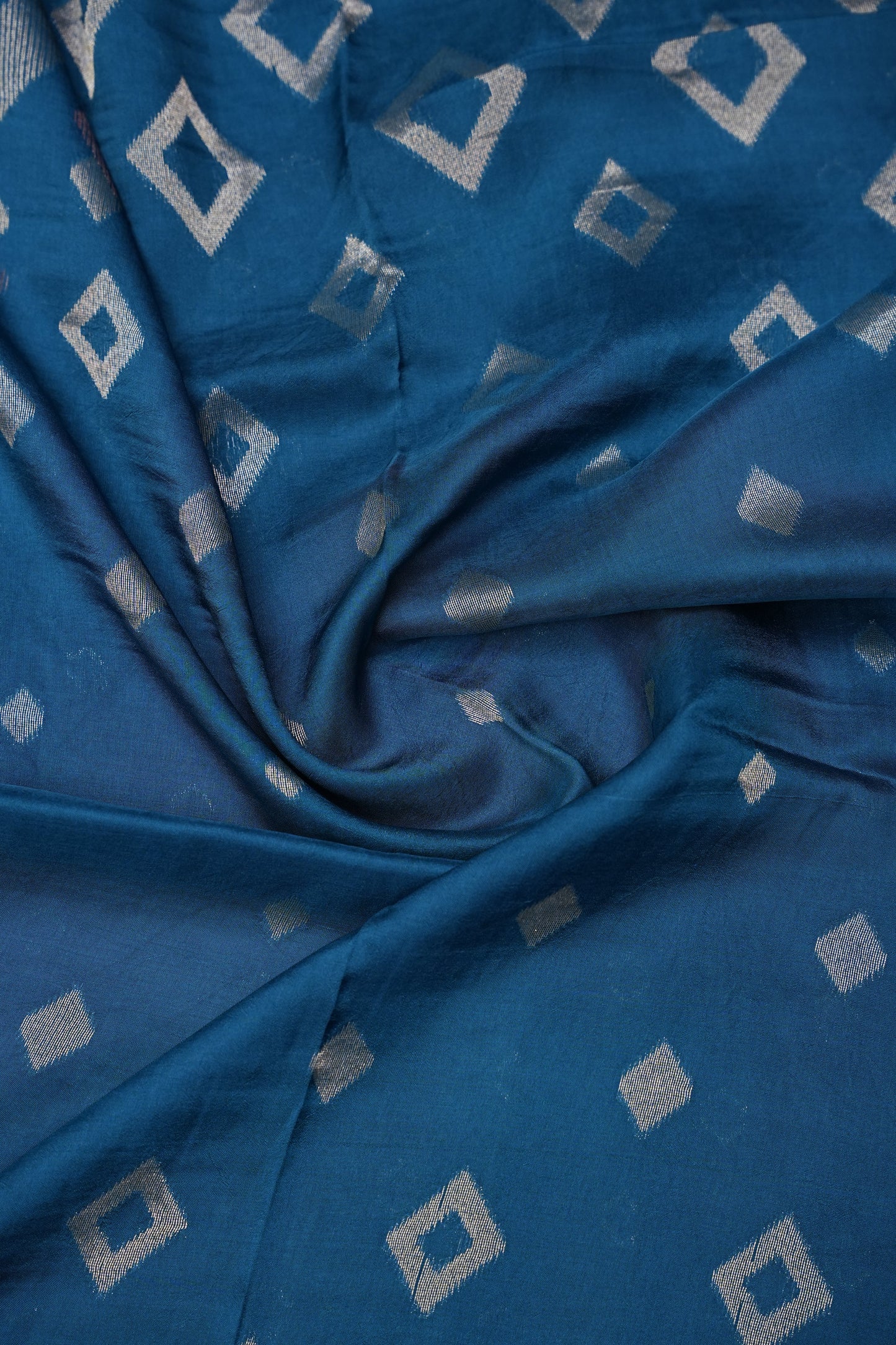 Tussar Banarasi Raw Silk Saree with Geometric Silver Weaving – Teal Blue