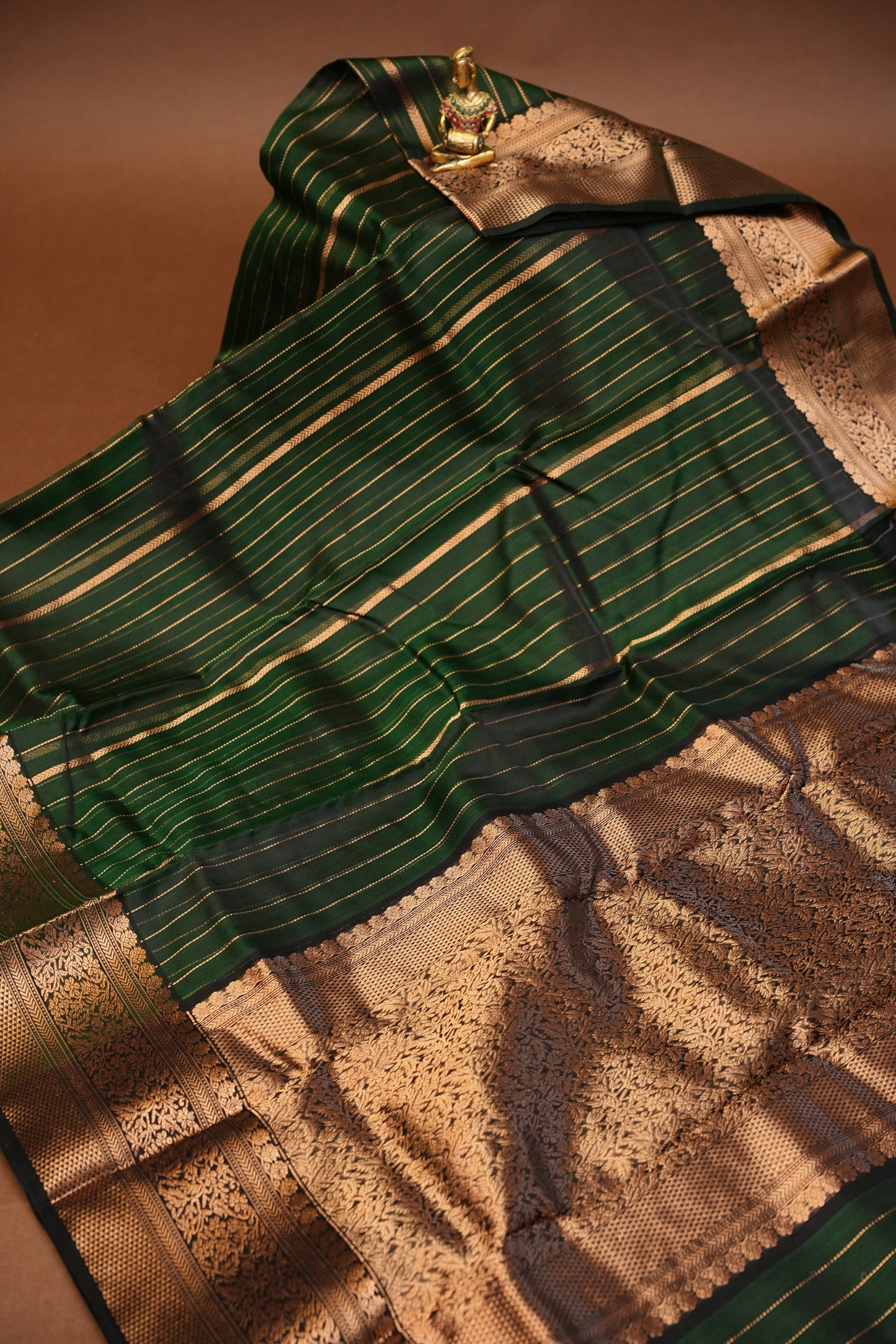 Pure Chanderi Silk Saree with Zari Buttas & Tissue Border - Deep Green