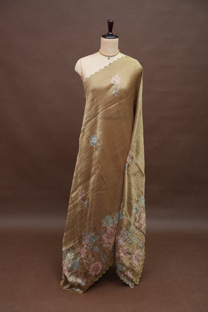 Gold Shade Glass Tissue Organza Designer Party Wear Saree