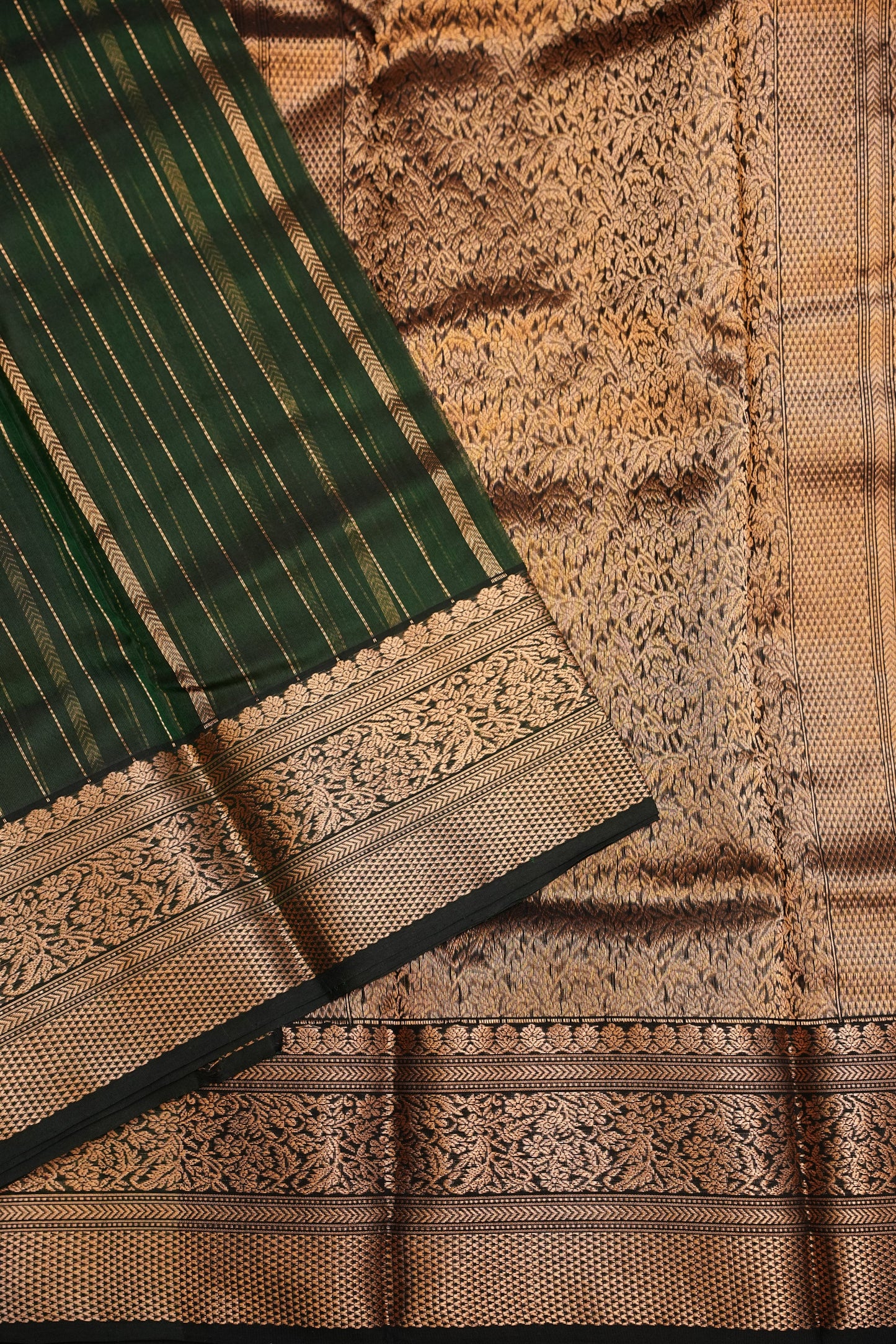 Pure Chanderi Silk Saree with Zari Buttas & Tissue Border - Deep Green