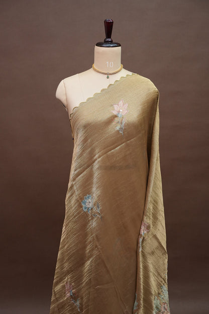 Gold Shade Glass Tissue Organza Designer Party Wear Saree