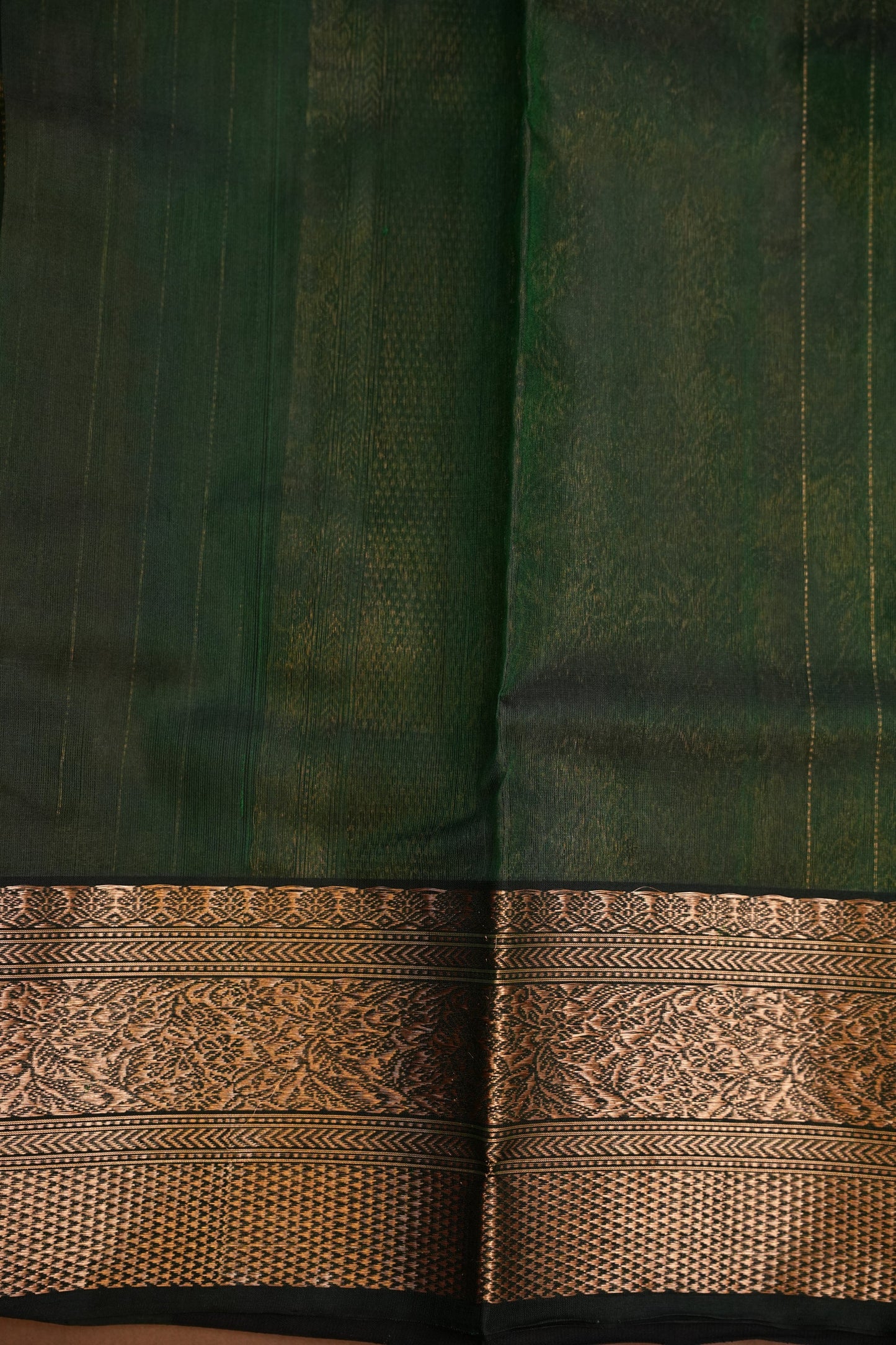 Pure Chanderi Silk Saree with Zari Buttas & Tissue Border - Deep Green