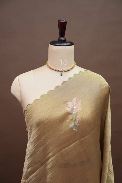 Gold Shade Glass Tissue Organza Designer Party Wear Saree