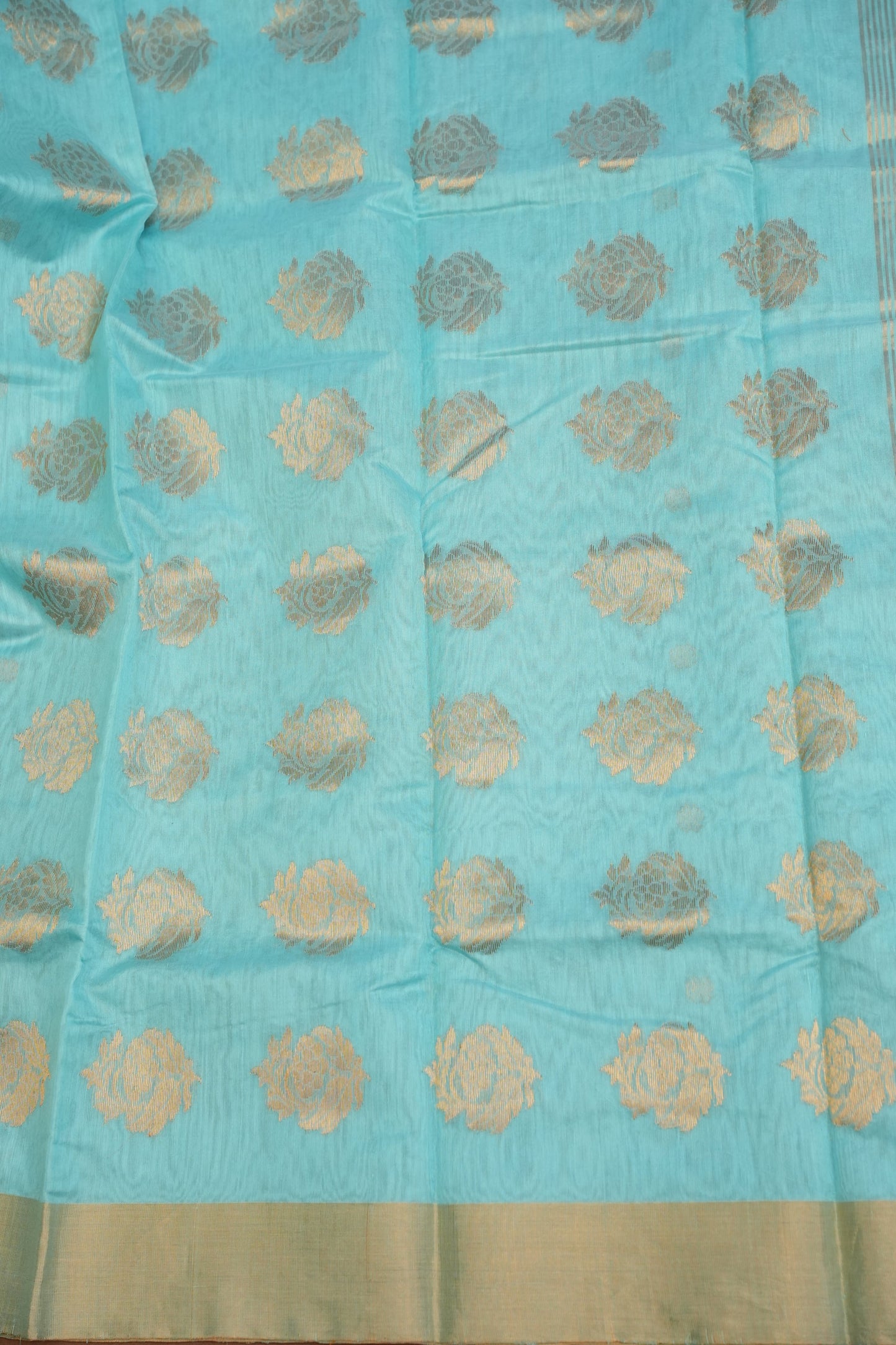 Pure Chanderi Silk Saree with Zari Buttas & Tissue Border - Sky Blue