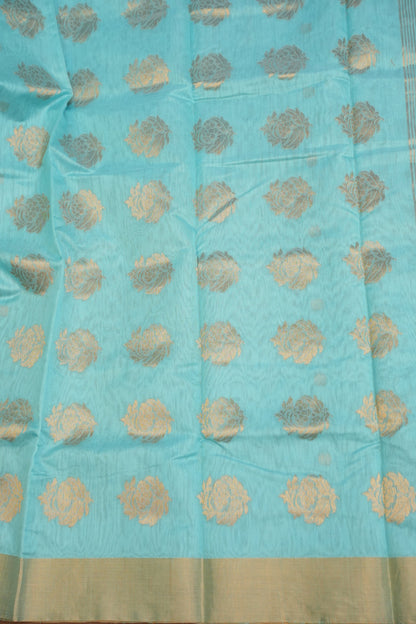 Pure Chanderi Silk Saree with Zari Buttas & Tissue Border - Sky Blue