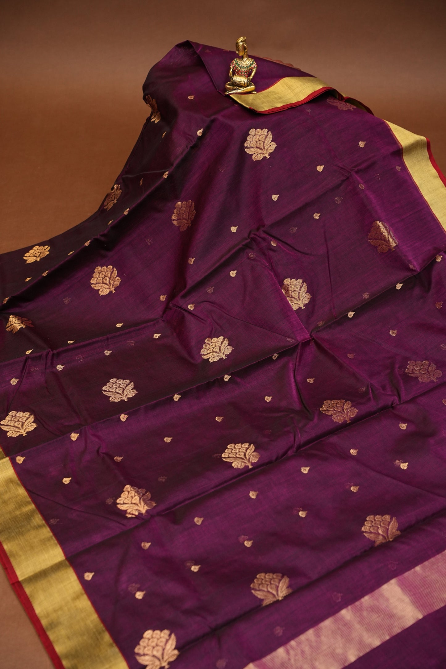 Pure Chanderi Silk Saree with Zari Buttas & Tissue Border - Dark Pink