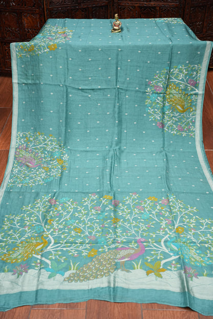 Tussar Banarasi Raw Silk Saree with Floral Zari Butta Weaving – Aqua Green