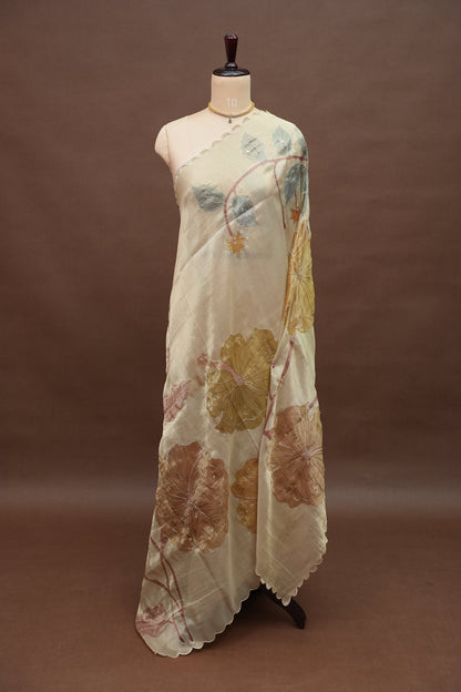 Ivory Champagne Glass Tissue Organza Designer Party Wear Saree