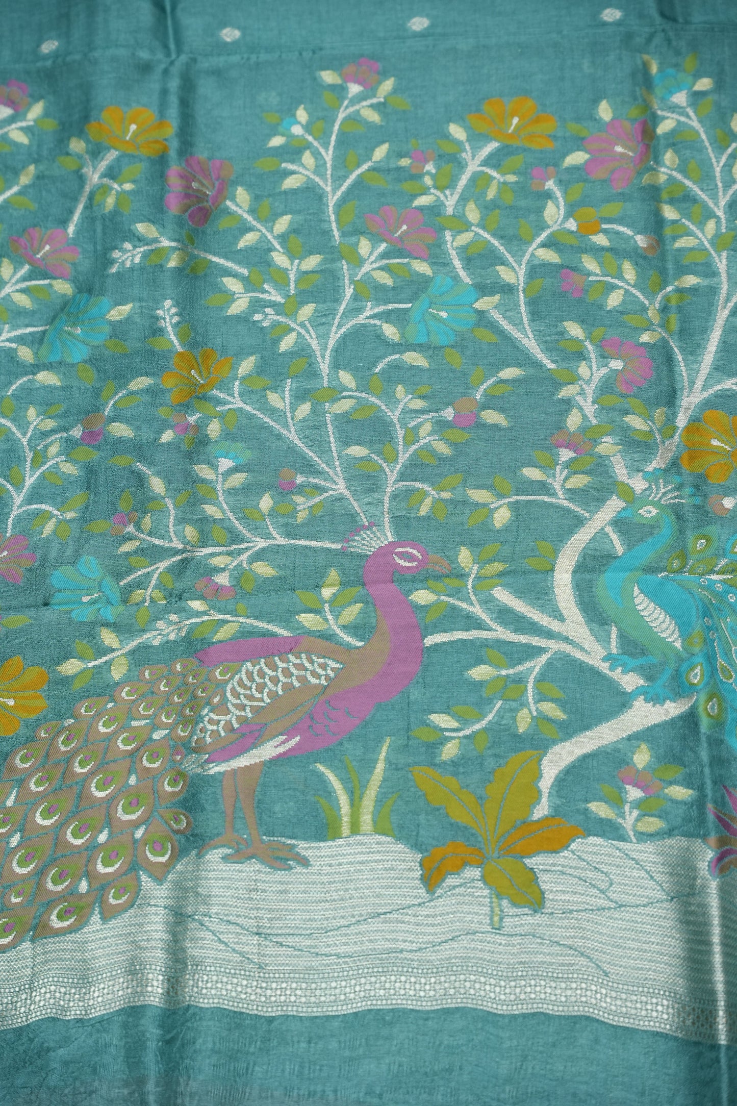 Tussar Banarasi Raw Silk Saree with Floral Zari Butta Weaving – Aqua Green