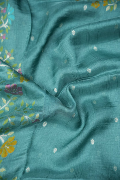Tussar Banarasi Raw Silk Saree with Floral Zari Butta Weaving – Aqua Green