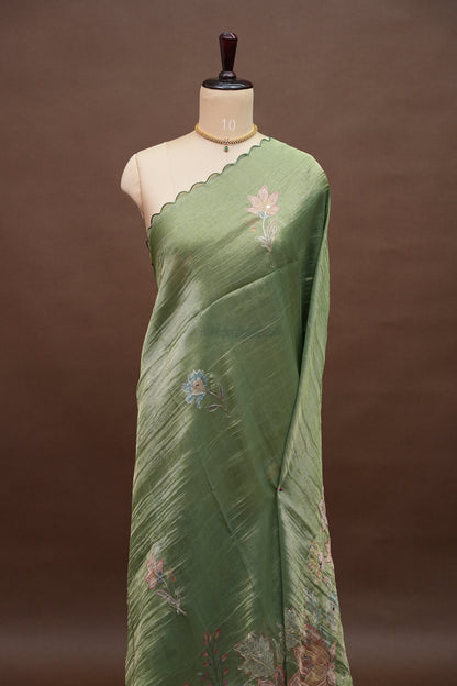 Sage Green Glass Tissue Organza Designer Party Wear Saree