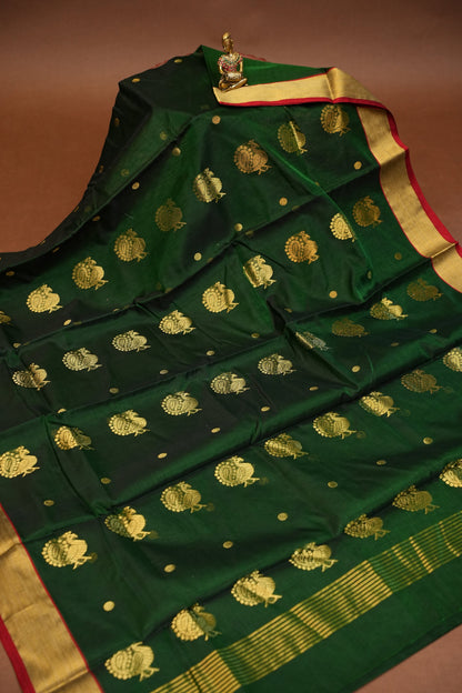 Pure Chanderi Silk Saree with Zari Buttas & Tissue Border - Dark Green