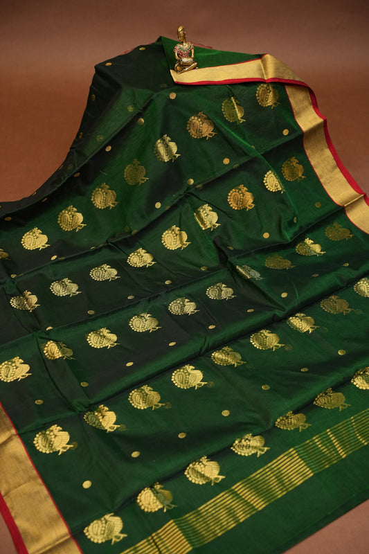 Pure Chanderi Silk Saree with Zari Buttas & Tissue Border - Dark Green
