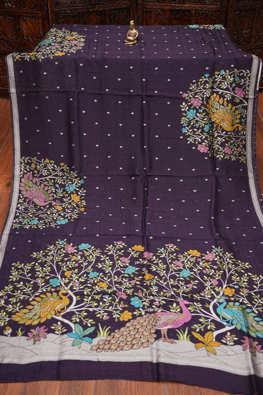 Tussar Banarasi Raw Silk Saree with Floral Paithani Weaves – Deep Purple