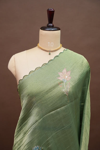 Sage Green Glass Tissue Organza Designer Party Wear Saree