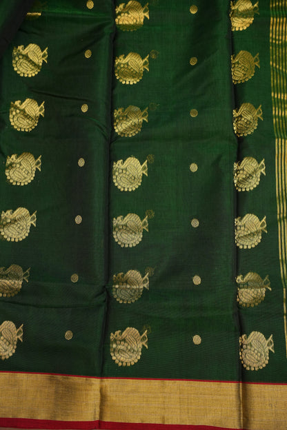Pure Chanderi Silk Saree with Zari Buttas & Tissue Border - Dark Green