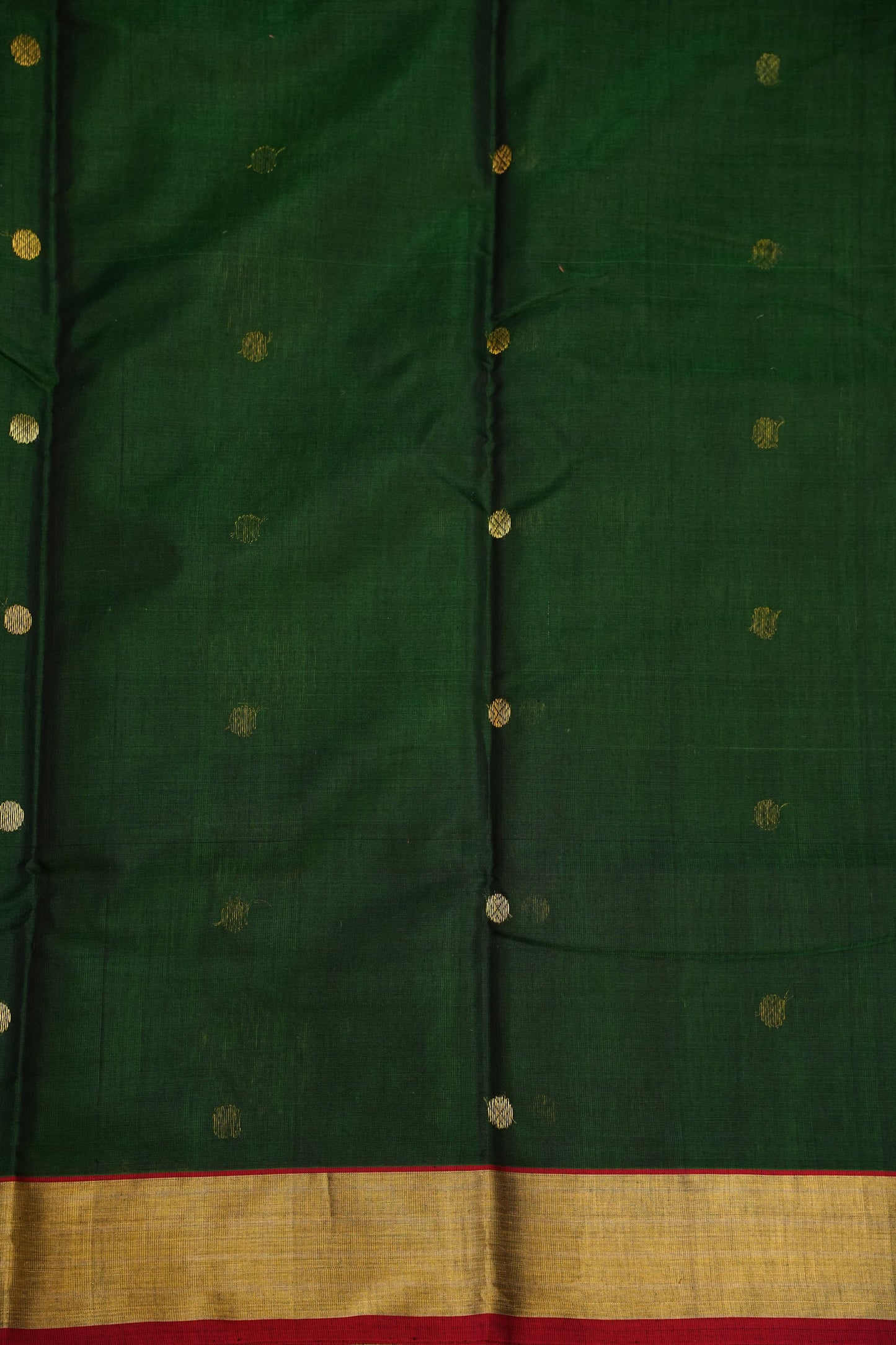 Pure Chanderi Silk Saree with Zari Buttas & Tissue Border - Dark Green