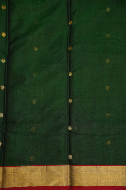 Pure Chanderi Silk Saree with Zari Buttas & Tissue Border - Dark Green