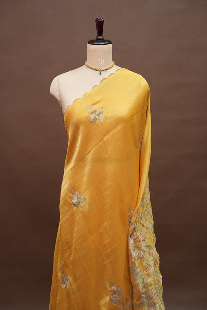 Bright Mustard Gold Glass Tissue Organza Designer Party Wear Saree
