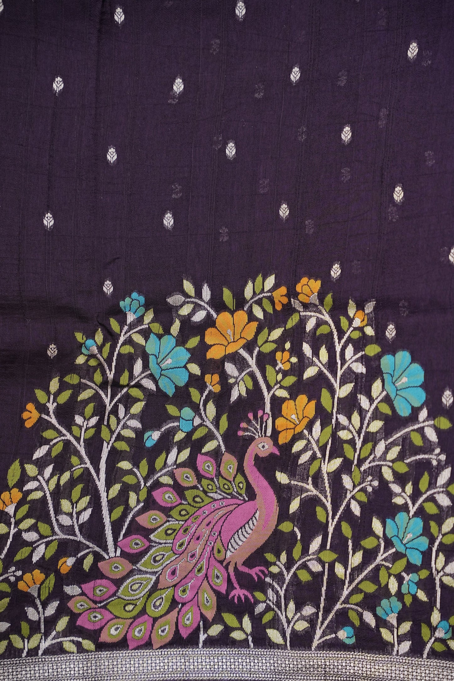 Tussar Banarasi Raw Silk Saree with Floral Paithani Weaves – Deep Purple