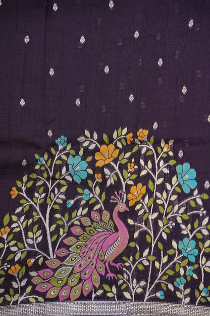 Tussar Banarasi Raw Silk Saree with Floral Paithani Weaves – Deep Purple