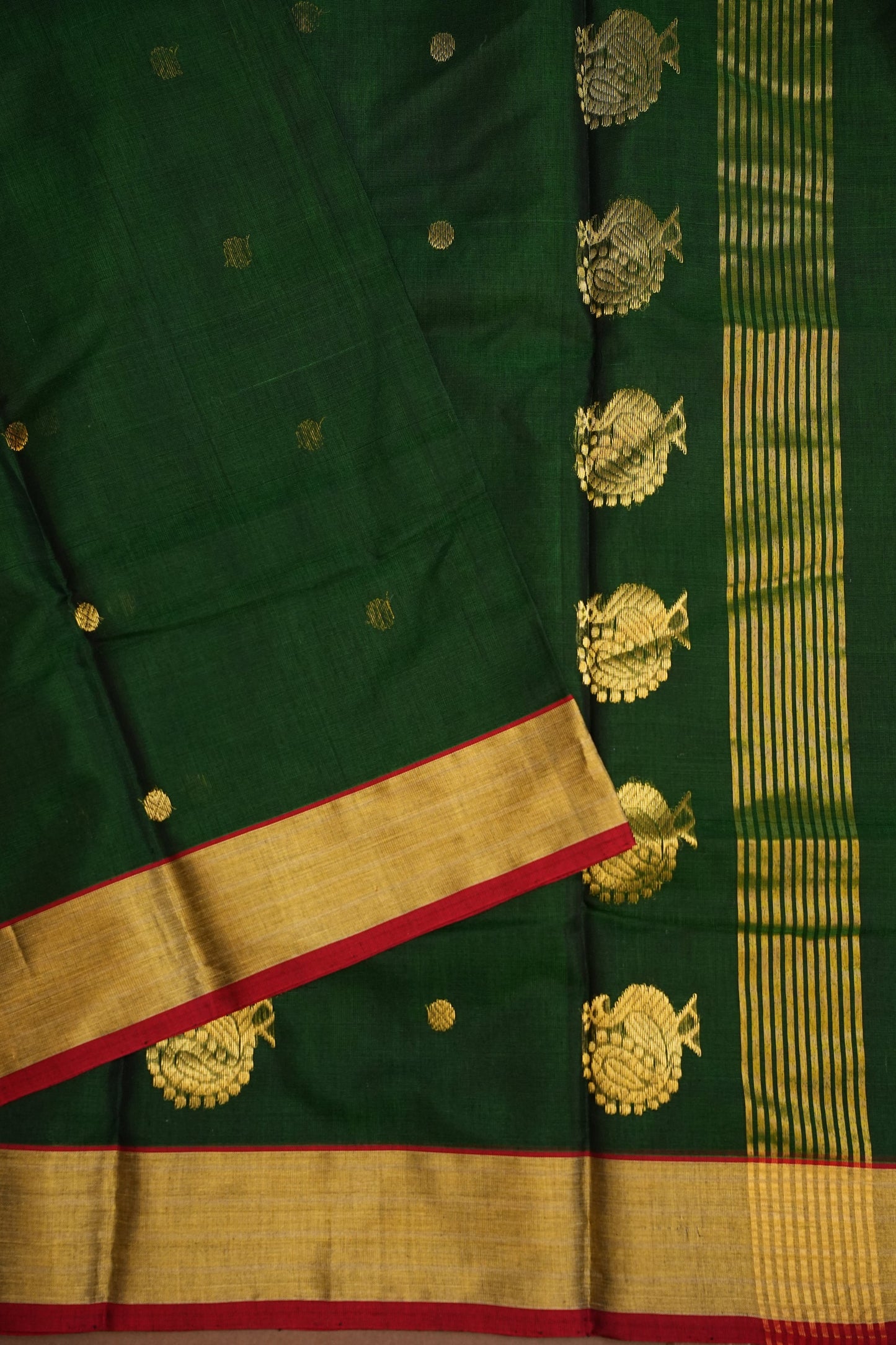 Pure Chanderi Silk Saree with Zari Buttas & Tissue Border - Dark Green