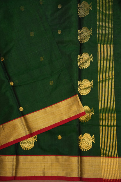 Pure Chanderi Silk Saree with Zari Buttas & Tissue Border - Dark Green